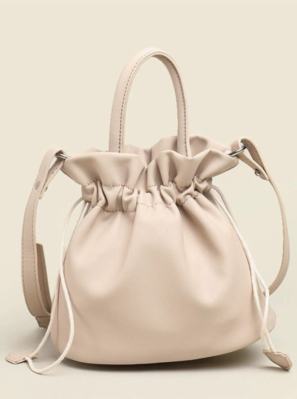 New soft leather pleated apricot colored artistic drawstring bucket bag for women's trendy and fashionable one shoulder crossbody bag, retro versatile handbag