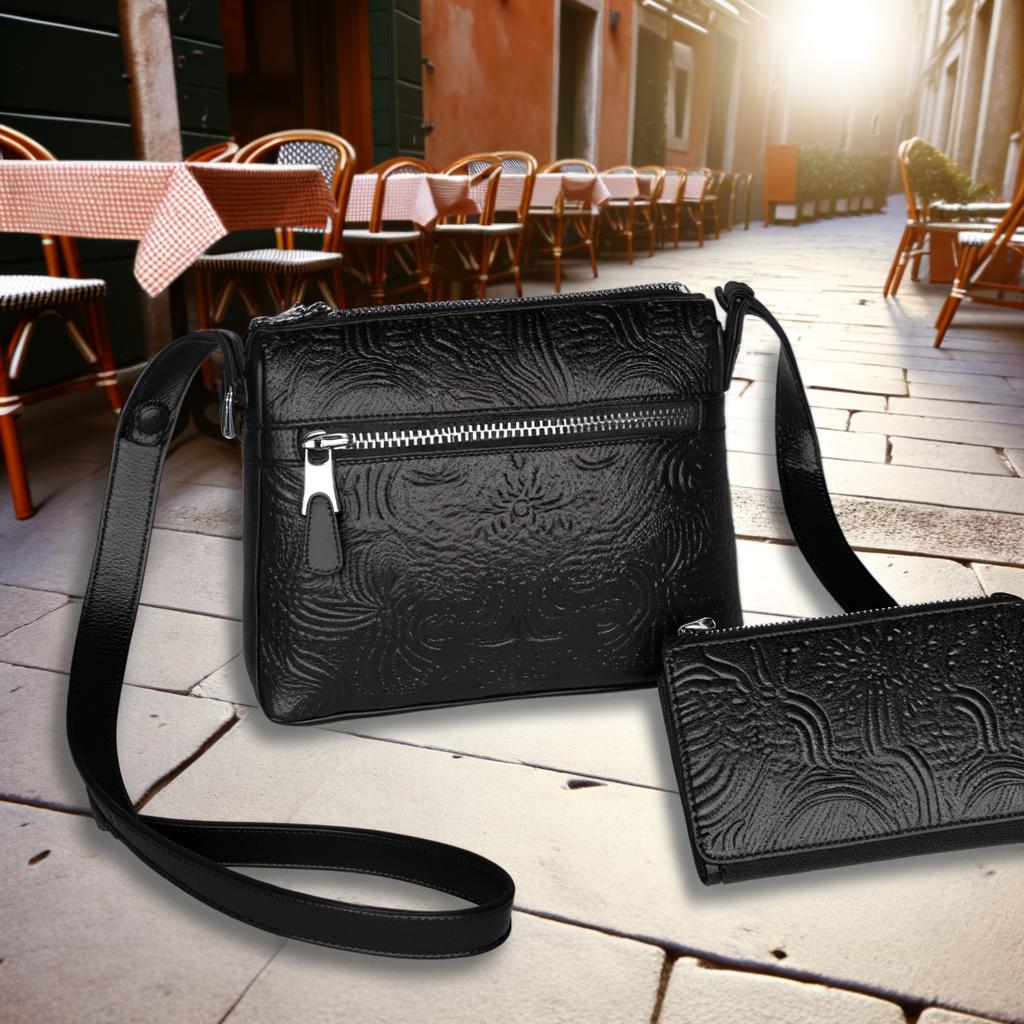 Discover the Perfect Summer Bag: Black Embossed Leather Crossbody Bag for Sophisticated Style